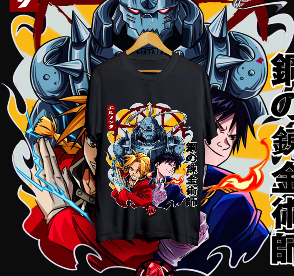 Fullmetal Alchemist Elric brothers New T-shirt Anime Tee All Size Black & White