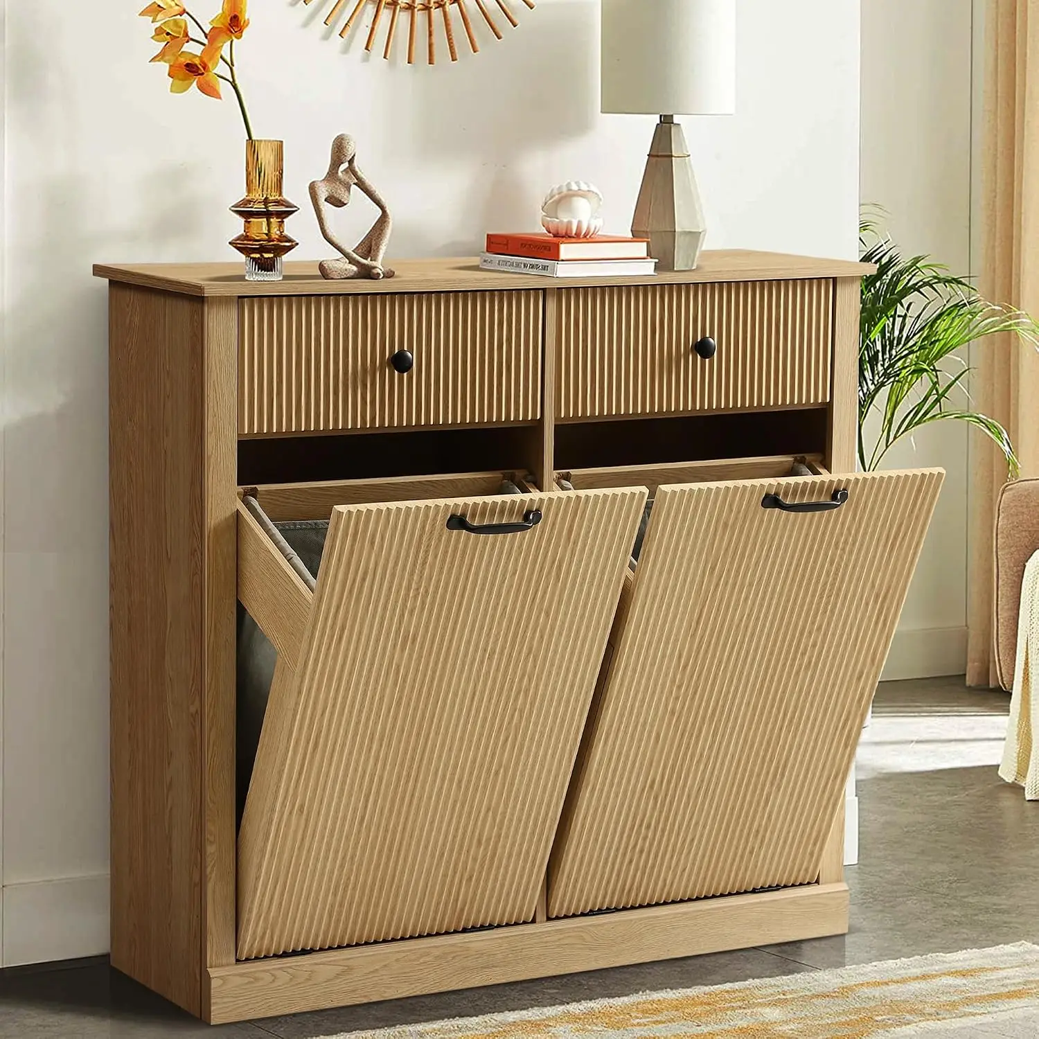 Double Tilt Out Laundry Hamper Cabinet, Modern Fluted Trash Can Cabinets with Drawer, Wooden 22 Gallon Hidden, Customized