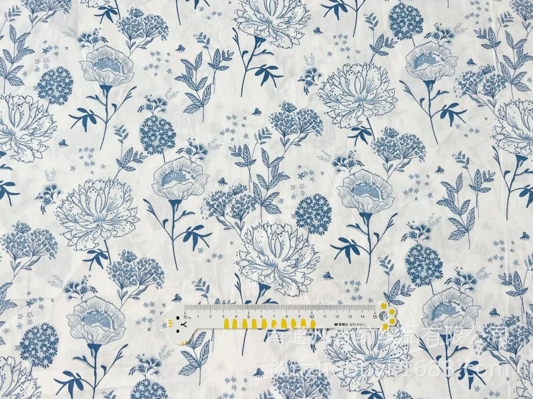 Cotton Fabric for Bedding and Home Decor, Unique Blue and Orange Flower Print Sewing Cloth, 160x50cm