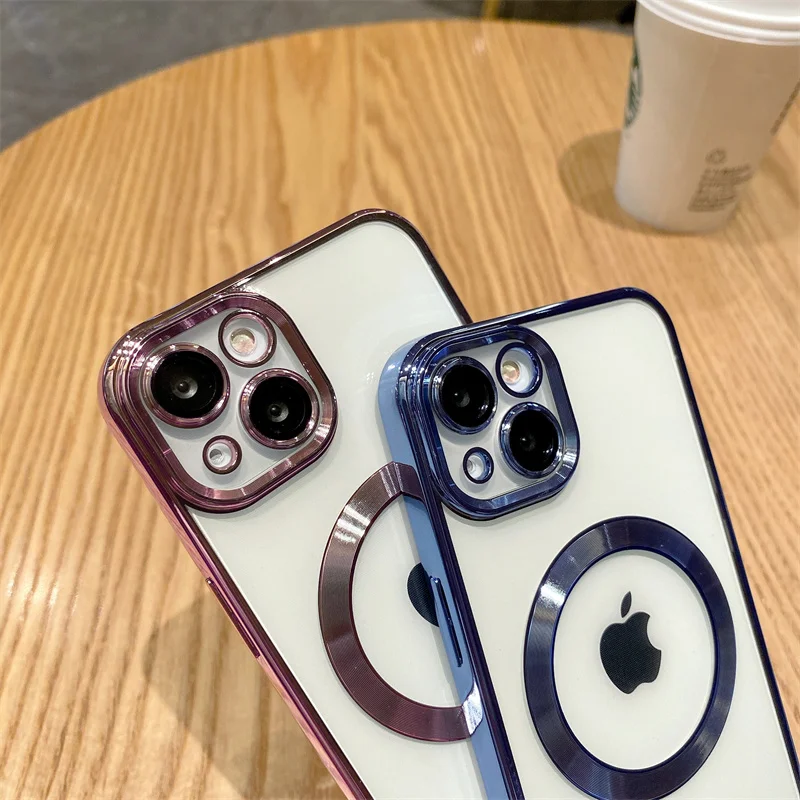 Lens Flim ile lüks kaplama temizle yumuşak telefon kılıfı için iPhone 16 15 14 artı 13 12 Pro Max 11 Magsafe manyetik anti-damla kapak