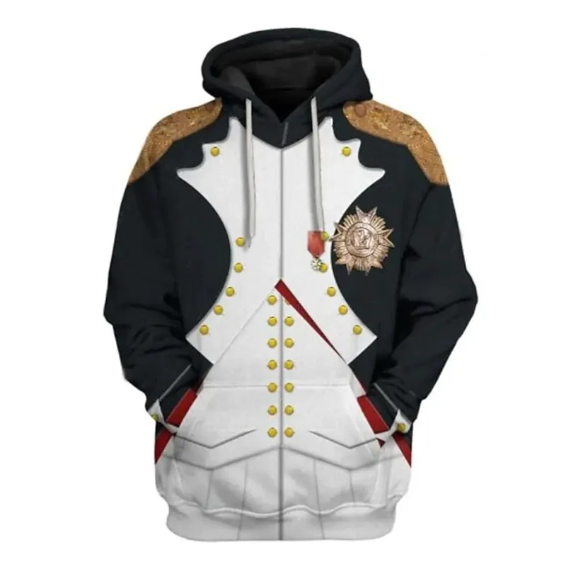 Sweat à capuche Napoléon 3D imprimé pour homme, sweats à capuche de cosplay général médiéval, costume vintage PVD, pulls à capuc