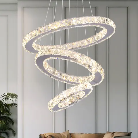 Modern Led Pendant Light Luxury Crystal Rings Dimmable Chandelier Hanging Lustre Ceiling Lamp Living Dining Room Decor Fixture