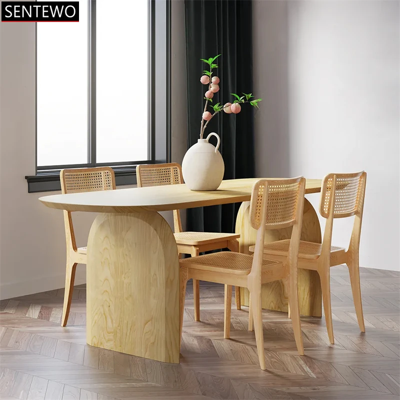 SENTEWO Free Shipping Farmhouse Dining Table Solid Wood Top Pedestals Dining Tables Chairs Set Home Kitchen Furniture Geschirr