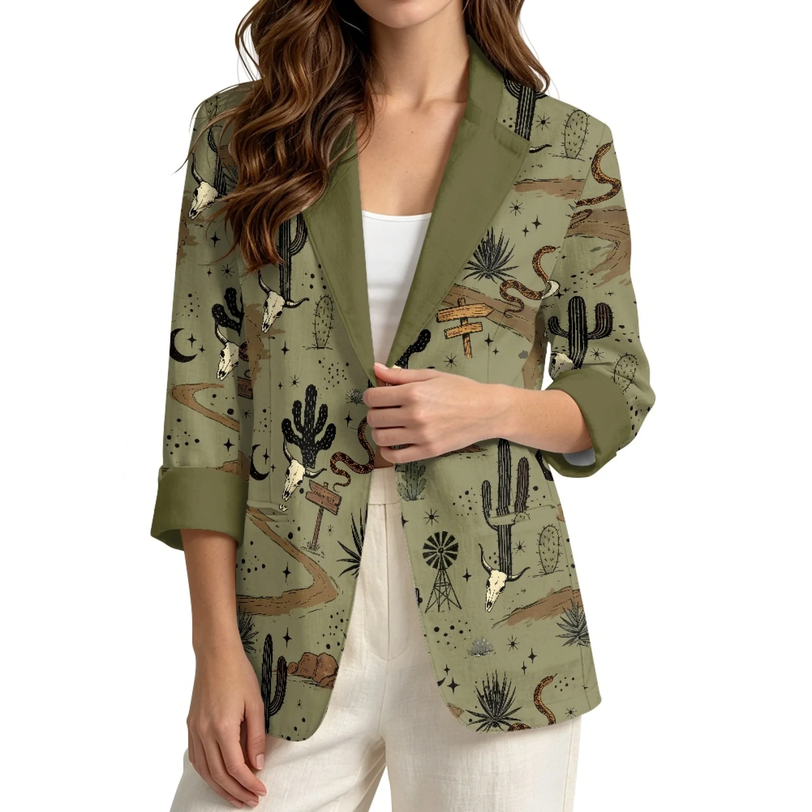PENSTROLL Desert Cattle Skull Print Linen Style Business Jacket, Open Front Casual Layering Top for Vacation Wear Sizes S-3XL