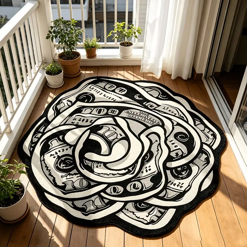 VIKAMA Money Rose Shaped Rug Dollar Bill Black White Skid Resistant Fluffy Plush Living Room Floor Rug Decor Soft Plush Rug