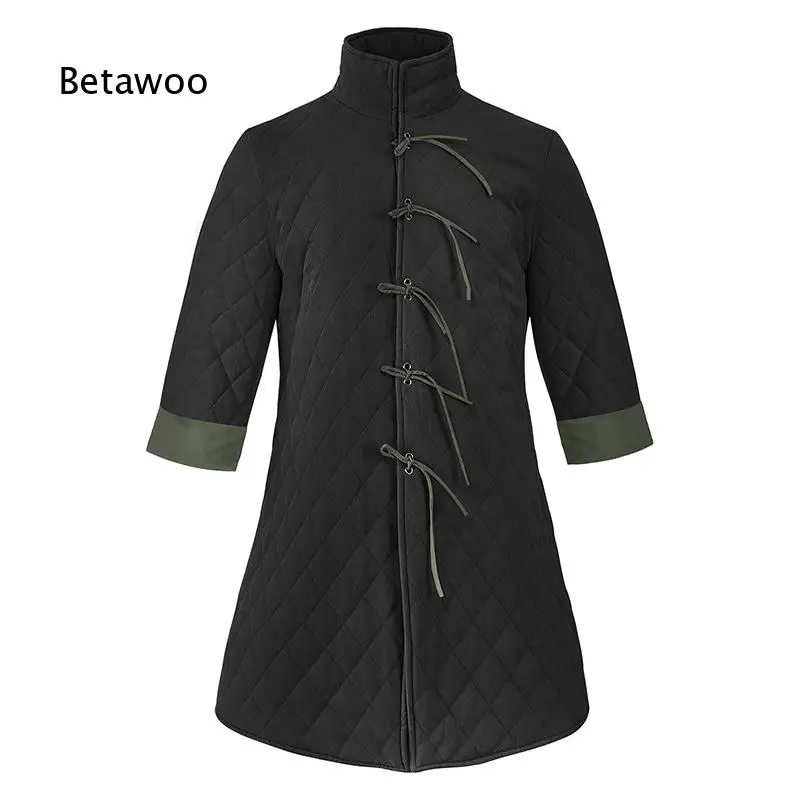 Men Traditional Frog Button Quilted Padded Jacket Stand Collar Three Quarter Sleeve Loose Retro Winter Outerwear for Daily Wear