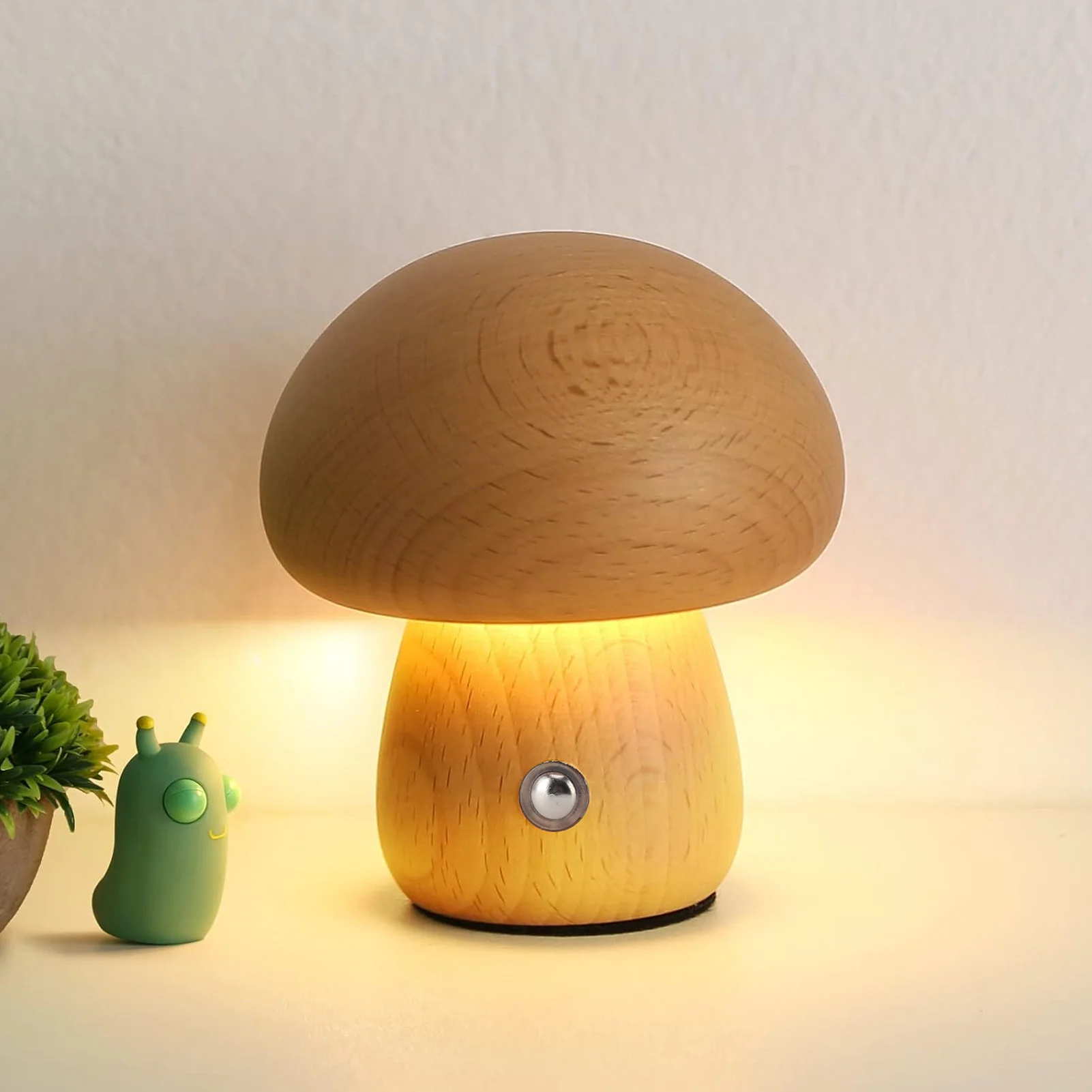 Wood Mushroom Lamp DC Charging Cordless Bedside Touch Night Lights Portable Dimmable Table Light for Bedroom Nightstand Decor