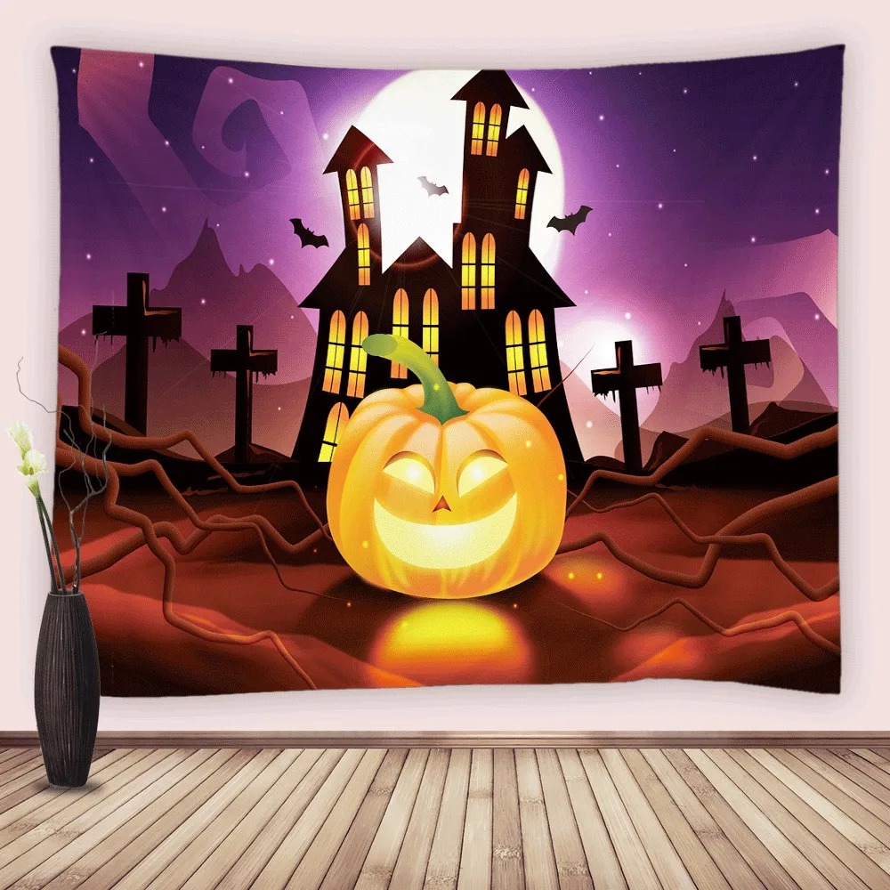 Halloween Pumpkin Head Tapestry Room Wall Decor Backdrop Fabric Home Scary Castle Bat Cemetery Moon Living Room Bedroom Tapestry