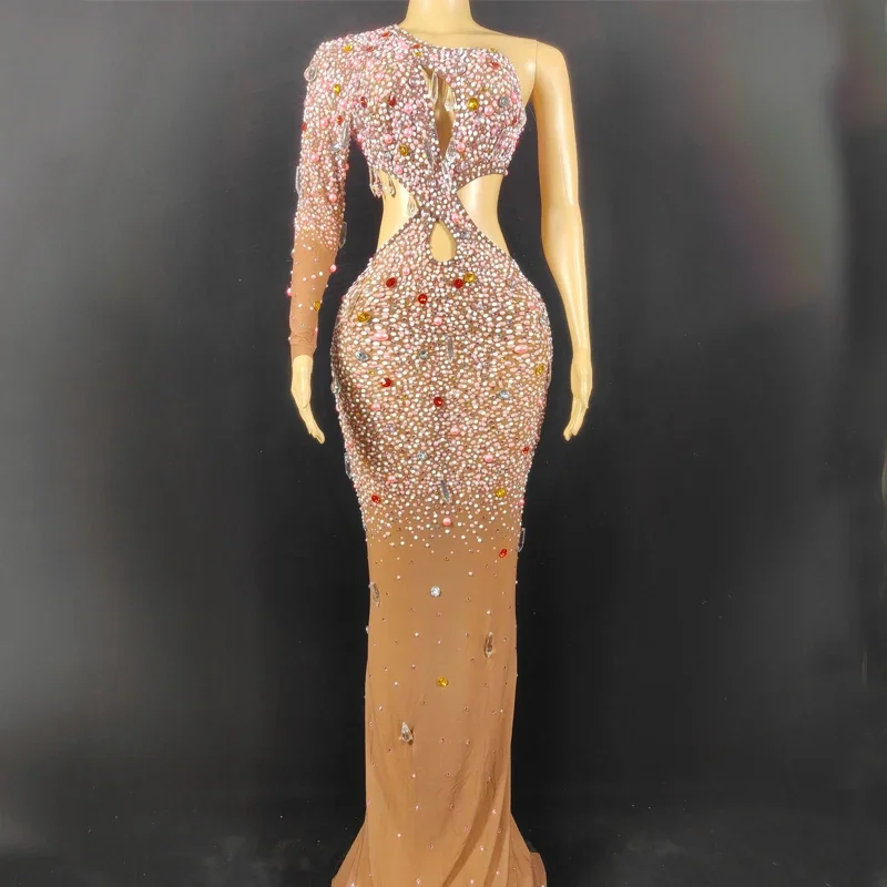 Bunte Strass Kreuz Cut Out Kleid Sexy Stretch Perlen Abendkleid Frauen Geburtstag Party Sänger Kostüme Outfit XS6143