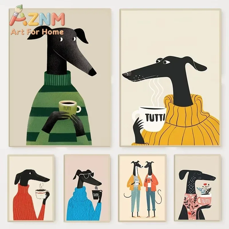 Winter-Themed Poster Print: Hound Wearing a Sweater and Drinking Coffee Modern and Colorful Pet Dog Canvas Home Decor