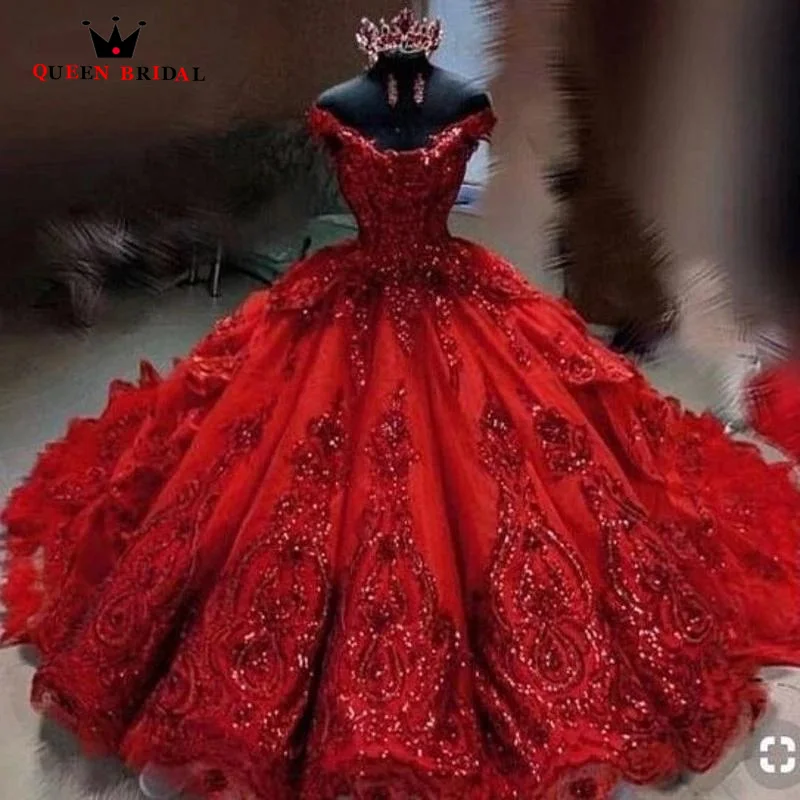 

Sparkly Red Quinceanera Dress Off the Shoulder Applique Puffy Tiered Skirt Sequins Beaded vestidos de 15 años ED23