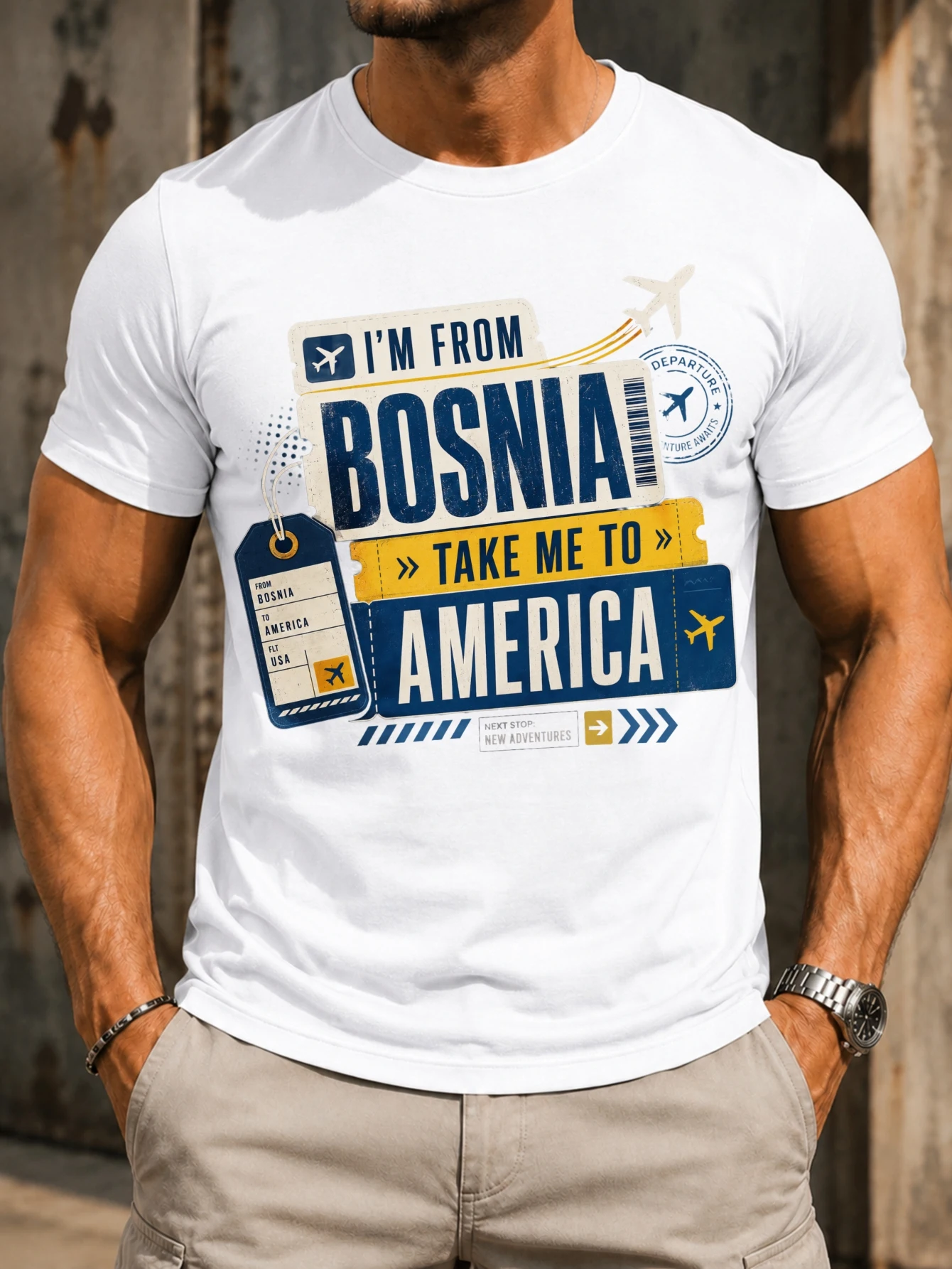 m From Bosnia Take Me To America Luggage Tag  ticket airplane stamp and adventure theme Unisex All  Unisex All T-Shirt