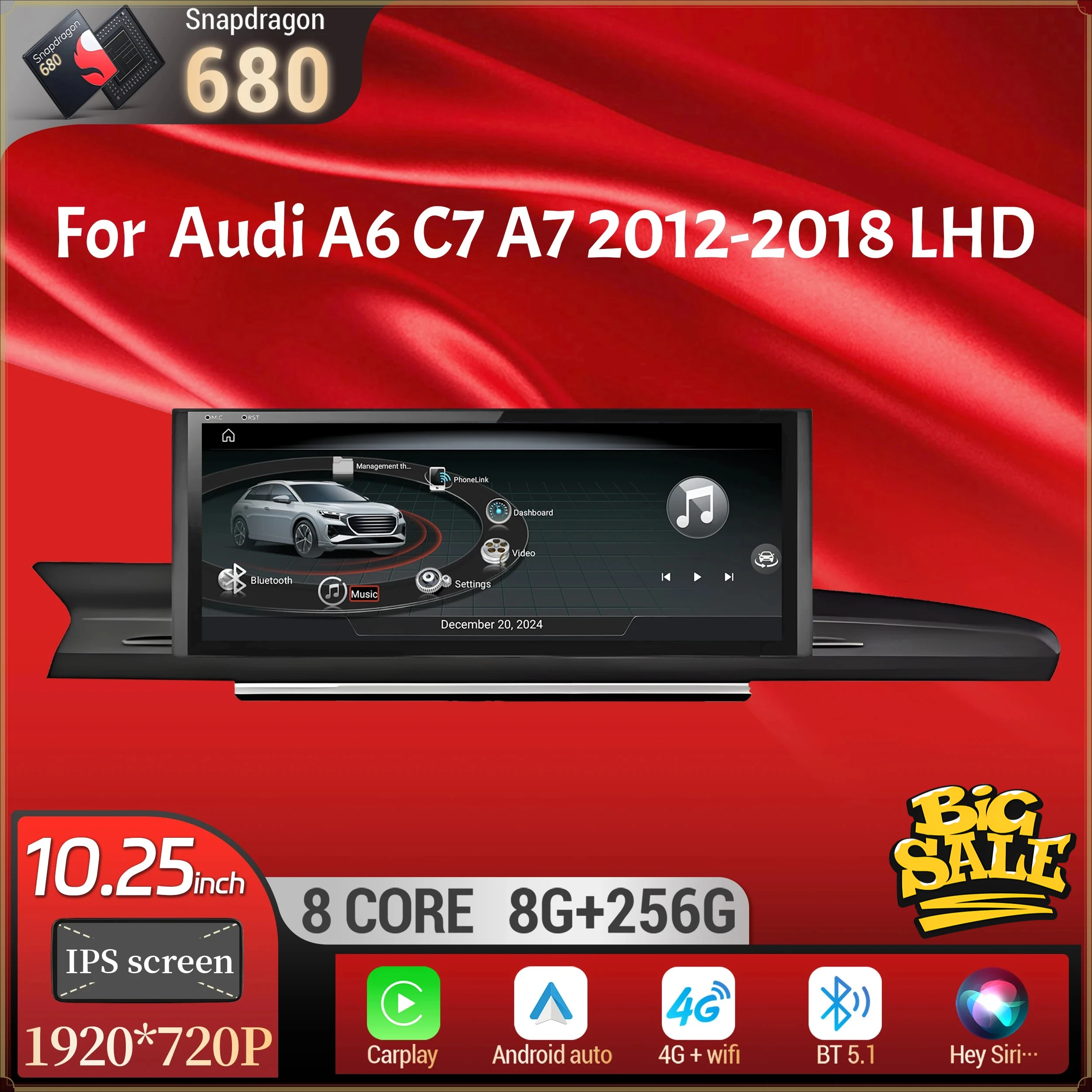 10.25 inch For Audi A6 C7 A7 2012-2018 Left Hand Drive Android 14 Car Radio Wireless BT Carplay Qualcomm Snapdragon 680 Screen