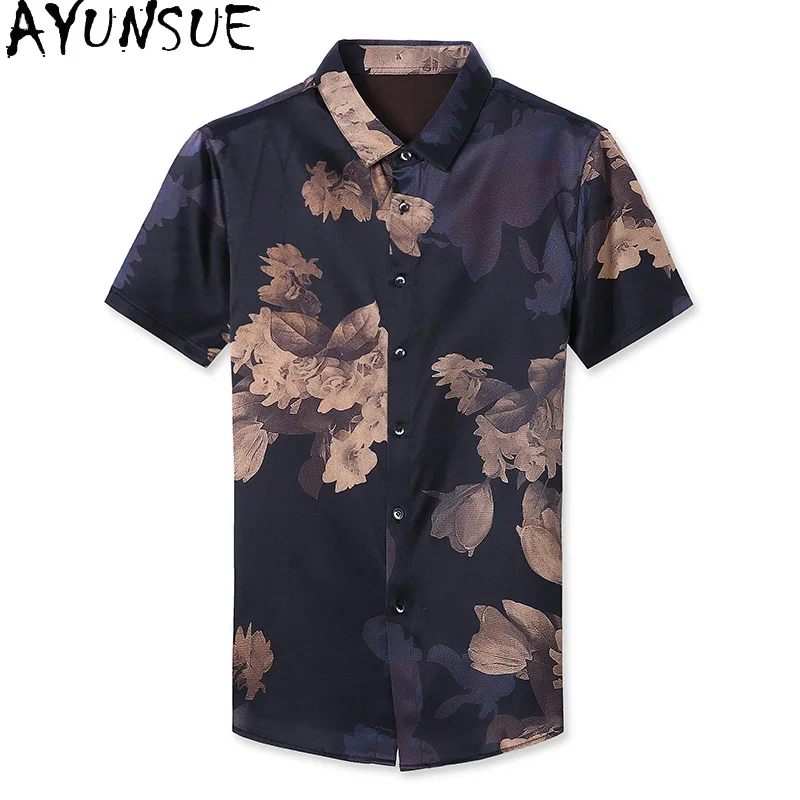 AYUNSUE 92.4% Mulberry Silk Short Sleeve Shirt Man Summer Clothing Korean Fashion Men's Floral Shirts High-end Satin Shirt 와이셔츠