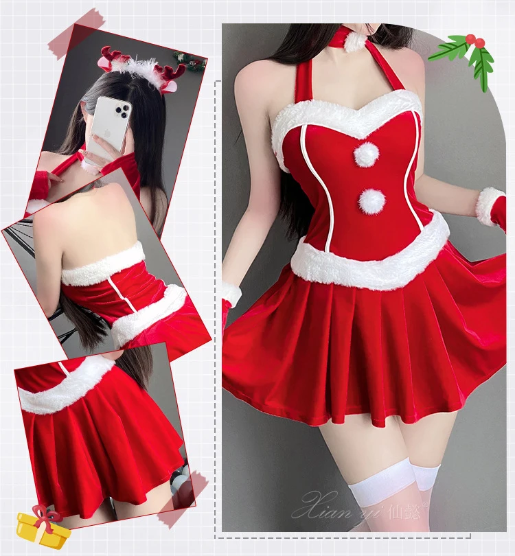 Strój świąteczny Czerwony aksamit Księżniczka Futrzane wykończenie Halter Lady Santa Dress Xmas Gifts Women Sexy Party Holiday Elk Cosplay Costume