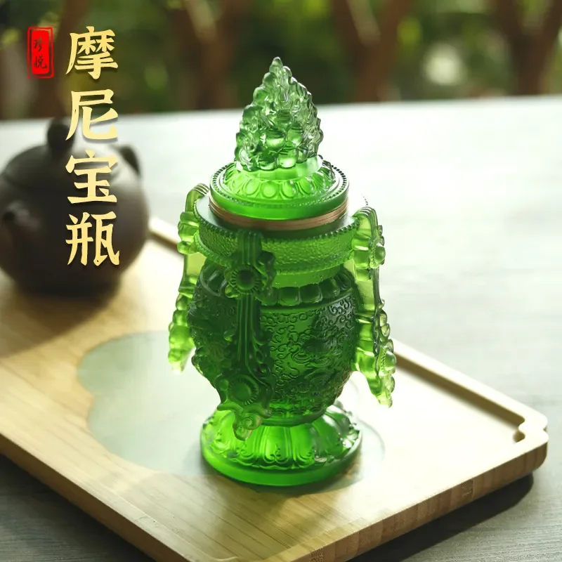 Glazed Ceramic Longevity Bottle Tibetan Eight Auspicious Symbols Buddhist Altar Decoration Home Temple Offering Ornament Feng