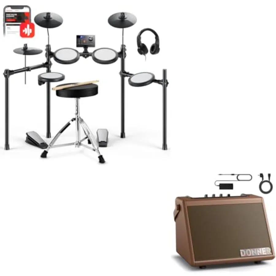 

Электронная ударная установка Donner DED-70 для начинающих с 150 звуками, коричневая, 20 Вт, беспроводной усилитель для ударных, динамик, клавиатура