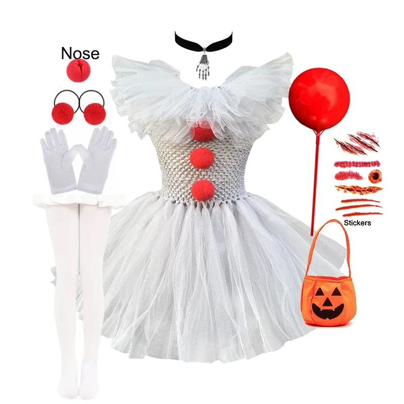 Gruseliger Horror-Clown für Mädchen, ärmelloses Rüschen-Tüllkleid mit komplettem Zubehör, Halloween-Maskerade-Kinder-Cosplay-Party-Outfit – Detail 2