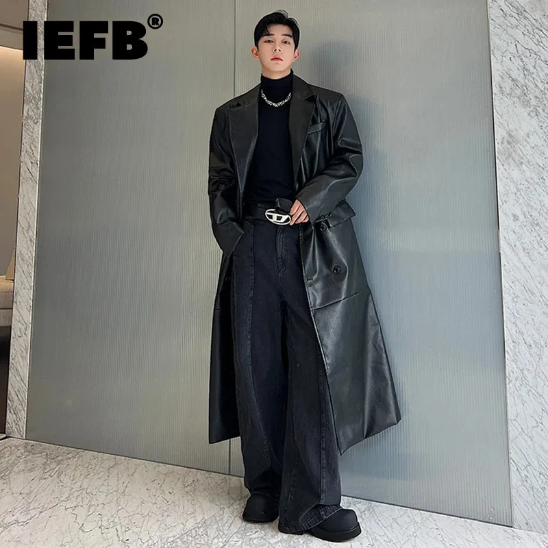 IEFB Autumn Winter Men's PU Leather Trench Coat Niche Design Solid Color Long Overcoat Double Breasted Windbreaker New 9C3216