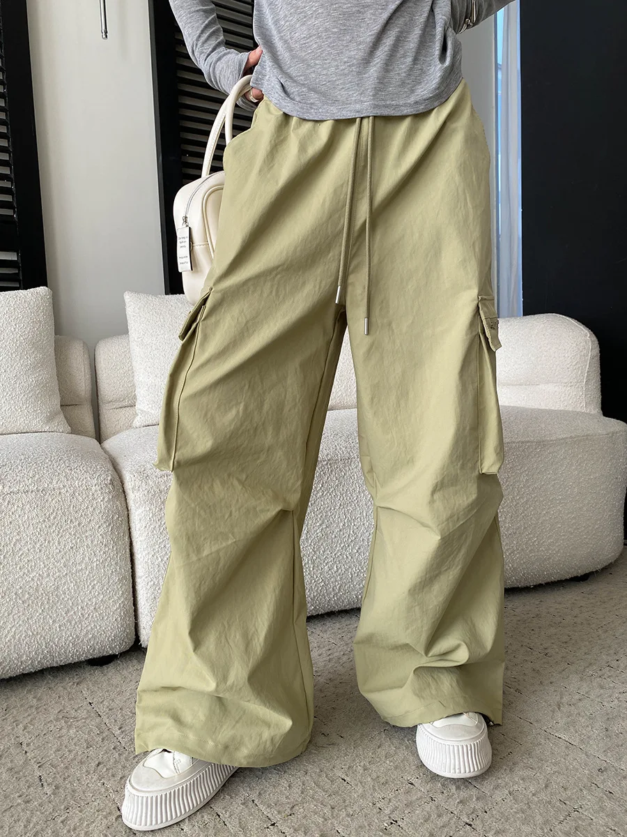 

Весенние женские повседневные брюки-карго в американском ретро-стиле, однотонные, с эластичным поясом на шнурке, с высокой талией, широкие штанины, в стиле рабочей одежды.