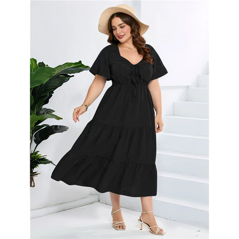 ASDS-Womens Plus Size Summer 2025 Midi Maxi Dresses Short Sleeve Sweetheart Neck Elastic Waist Boho Beach Dress