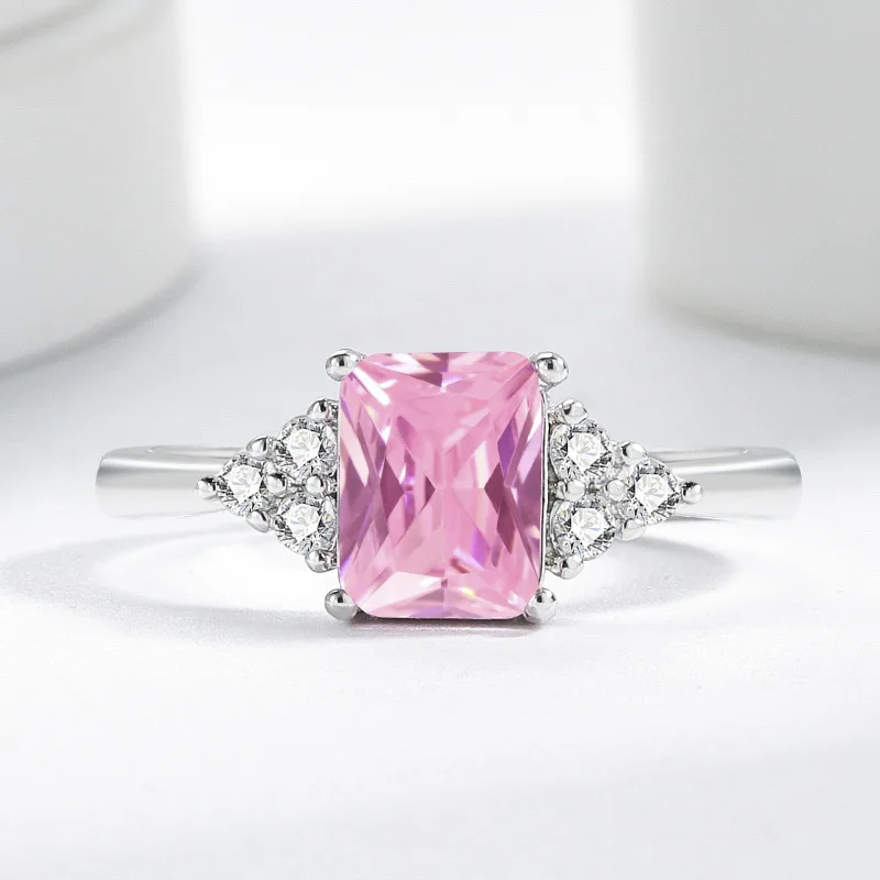 

Кольцо женское из стерлингового серебра 925 пробы с розовым цирконом в форме кубика сахара, простое и элегантное