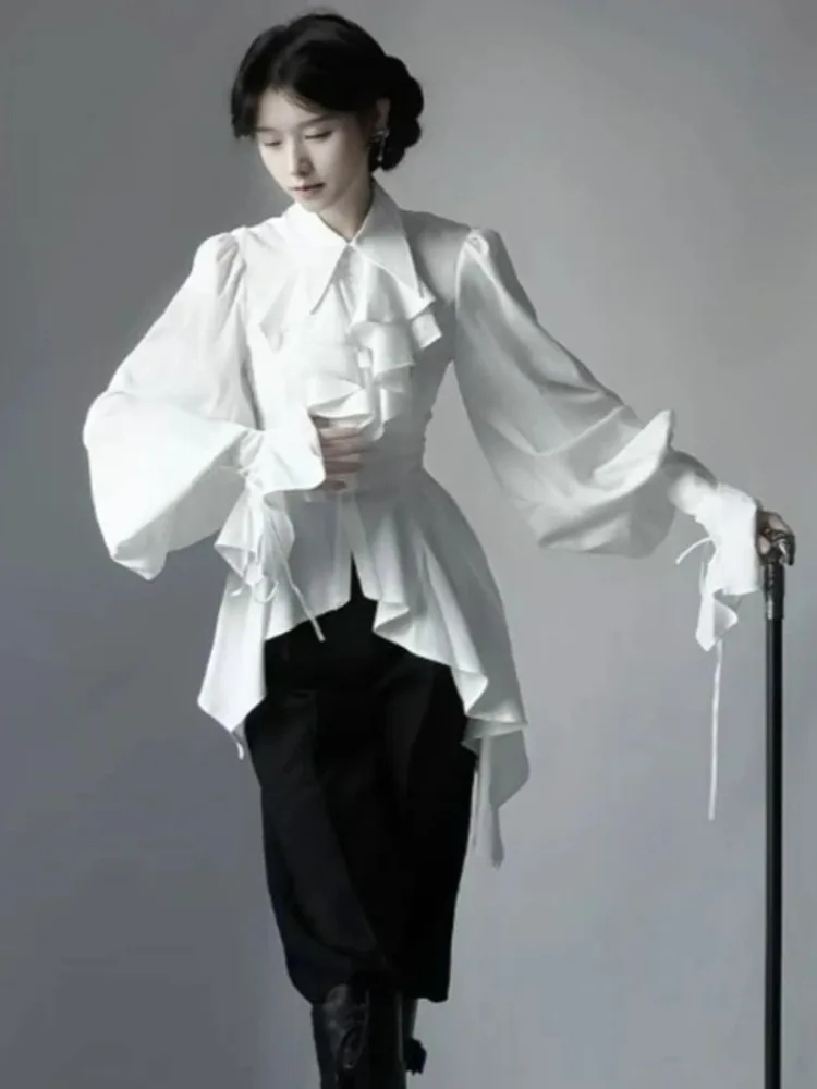 

Японская элегантная модная блузка женская Kawaii Лолита рубашка с рукавами-фонариками Y2k эстетические винтажные нерегулярные тонкие топы в придворном стиле