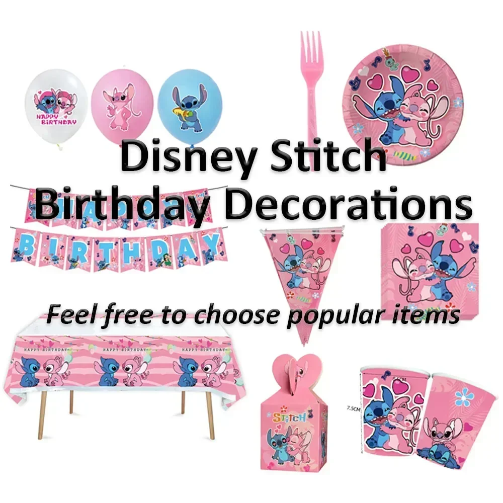 Disney Pink Lilo Stitch Dekoracje urodzinowe Cartoon Stitch Jednorazowa zastawa stołowa Świąteczne materiały na serwetki Dzień Dziecka