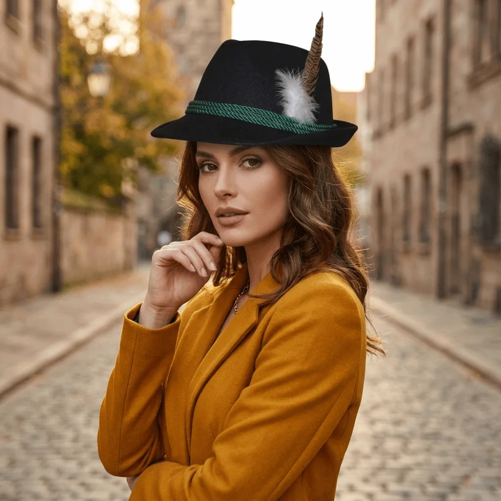 New Classic Bavarian Feather Hat Decorative Side Cord Structured Brim Jazz Cap Dress Up Western Oktoberfest Hat Halloween Party