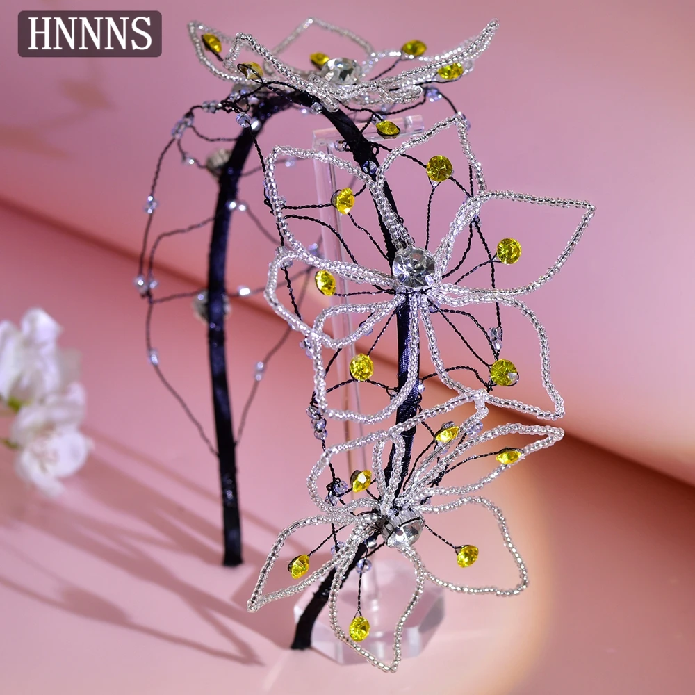 

HNNNS Hyperbole 3D Flowers Headband Clear Crystal Beaded Headdress Luxury Bride Headpiece Unique Halloween Hair Accessories A197