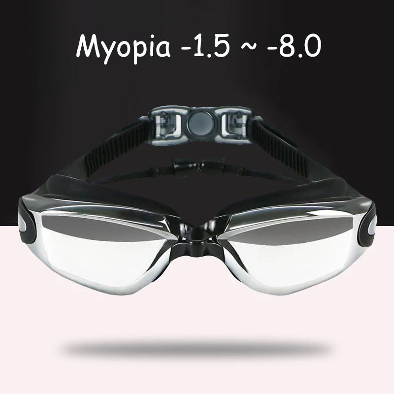 Adult -1.5 To -8.0 Myopia Electroplate Swimming Goggle Anti-fog Diopter Swimming Glasses With Earplug Water Sports Eyewear