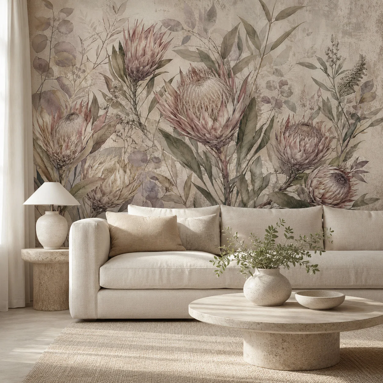 Vintage Protea Flower Wallpaper Mural Beige Purple Botanical Wall Art Dining Room Decor Non Self Adhesive Glue Required