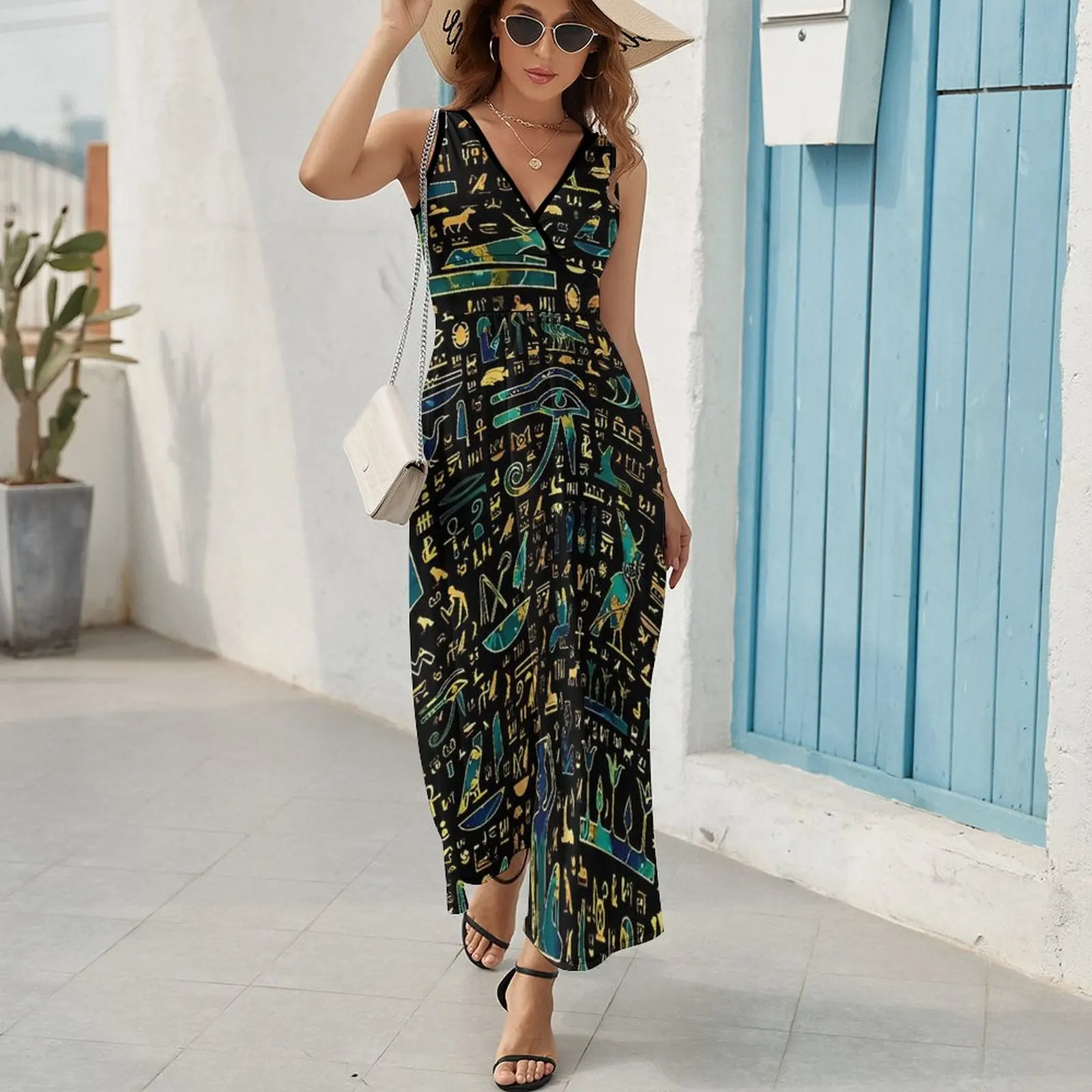 Ancient Egyptian Art Dress Summer Marble and Gold Street Wear Bohemia Long Dresses Female Sleeveless Graphic Sexy Maxi Dress