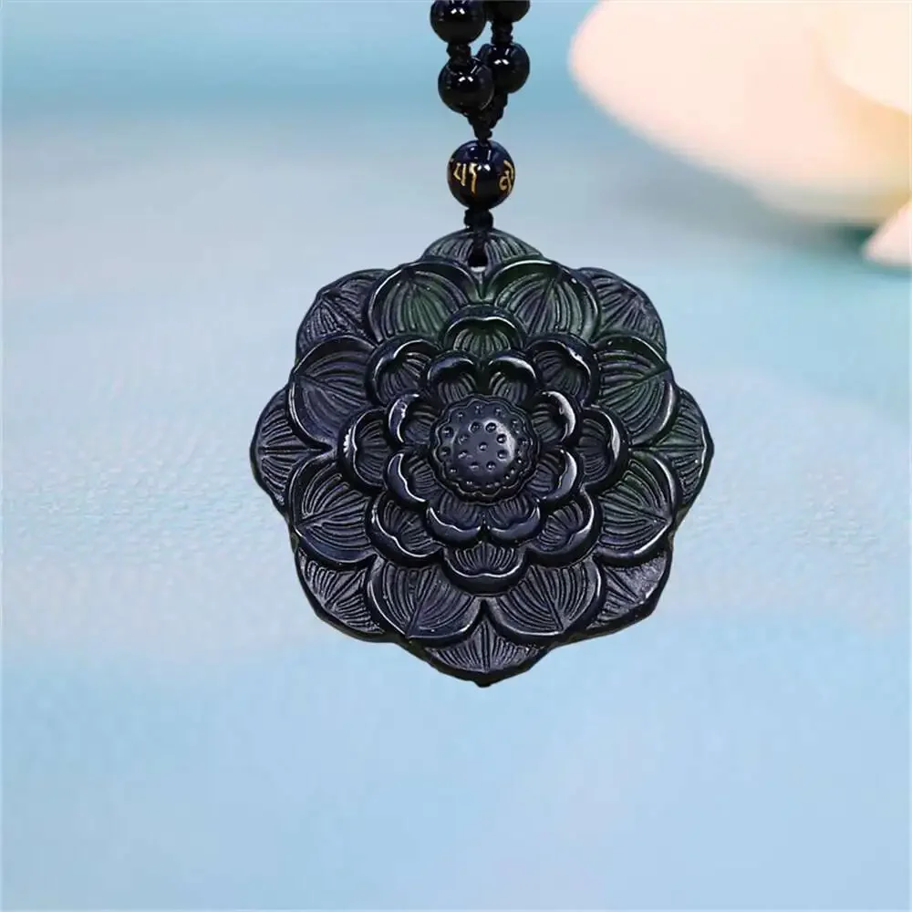 Black Green Jade Lotus Pendant Necklace Charms Fashion Talismans Natural Jewelry Amulets Carved Pendants Vintage Man Necklaces