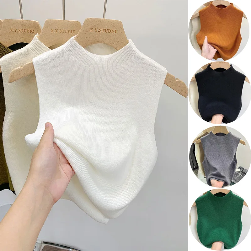 Korean Camisole Women's Sleeveless Top Knitted Vest Tank Top Outerwear Sweater Tees T-Shirt Cropped Top Sexy Sleeveless Camisole