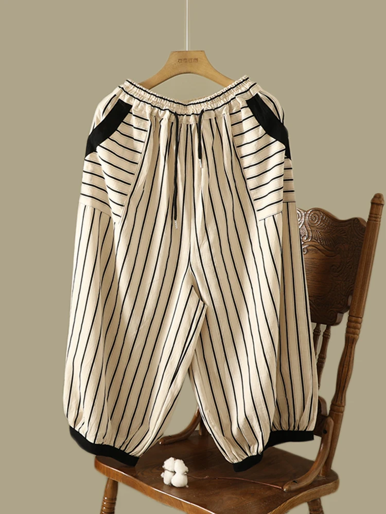 High Waist Wide Leg Harlan Pants Cotton Linen Belted Casual Summer Slimming Eighteen Pants Striped Pattern Large Size Women's