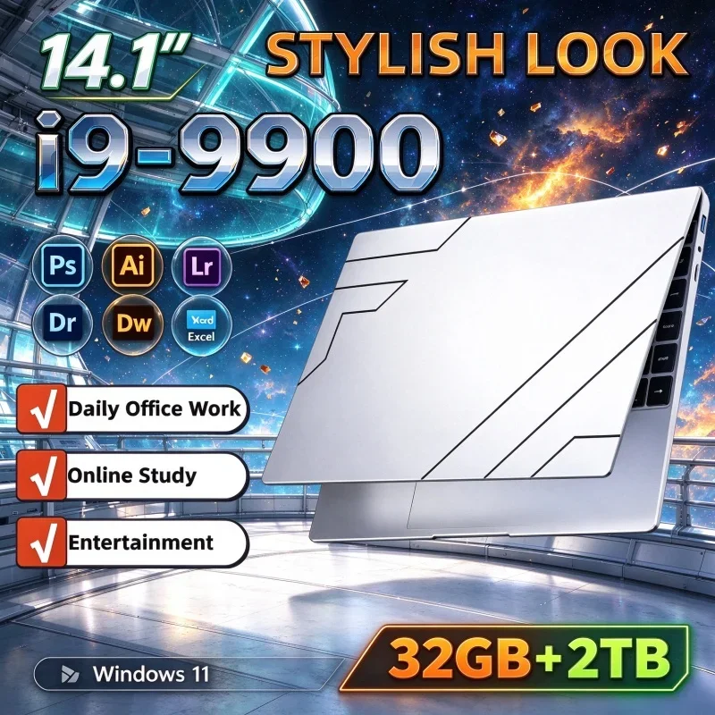 Laptop Intel I9 9900 Windows 11 14.1 Inch Light Notebook Computer Gamer 32GB RAM 2TB SSD PC Gaming Office