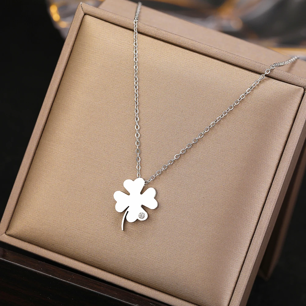 Stainless Steel Necklaces Bohemian Temperament Clover Crystal Zircon Pendant Everyday Wear Chain Girl Necklace For Women Jewelry