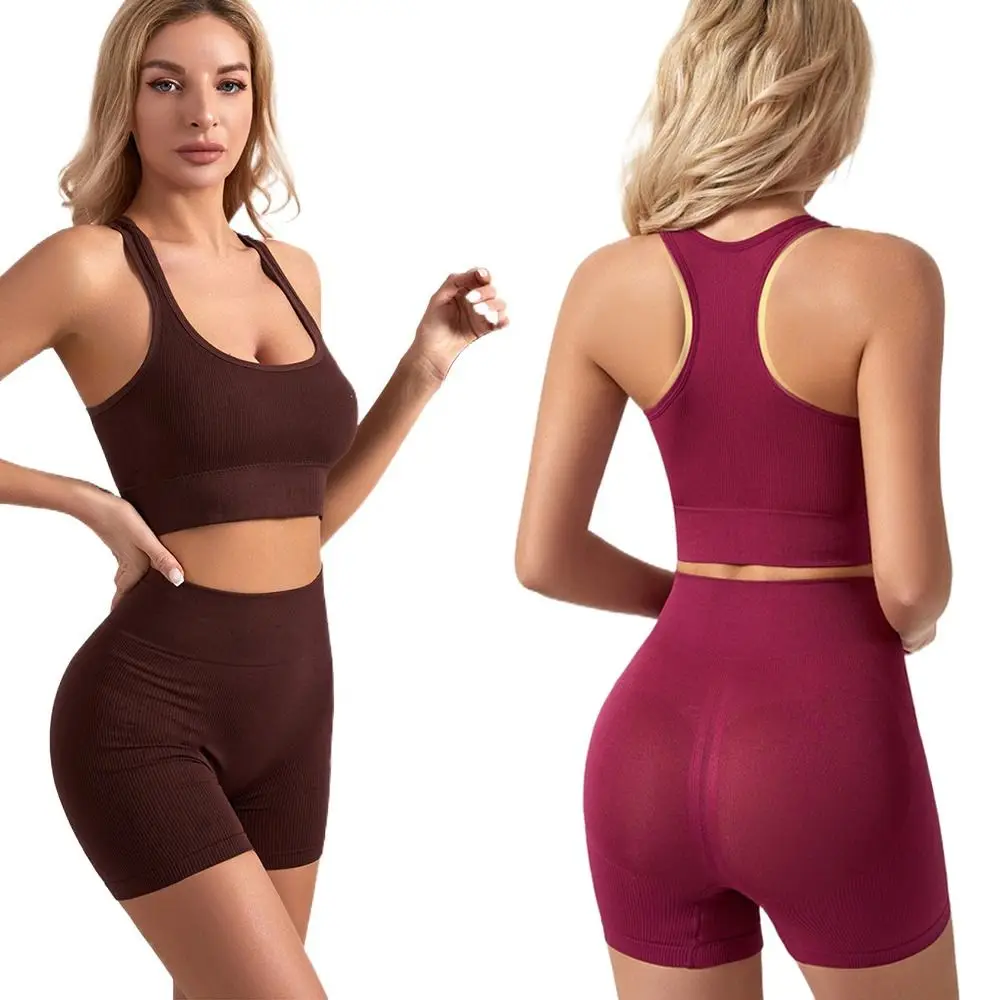 2 Pieces Comfortable Seamless Workout Outfits High Waist Short Ribbed Yoga Tank Sets Sleeveless Round Neck Activewear Set Gym
