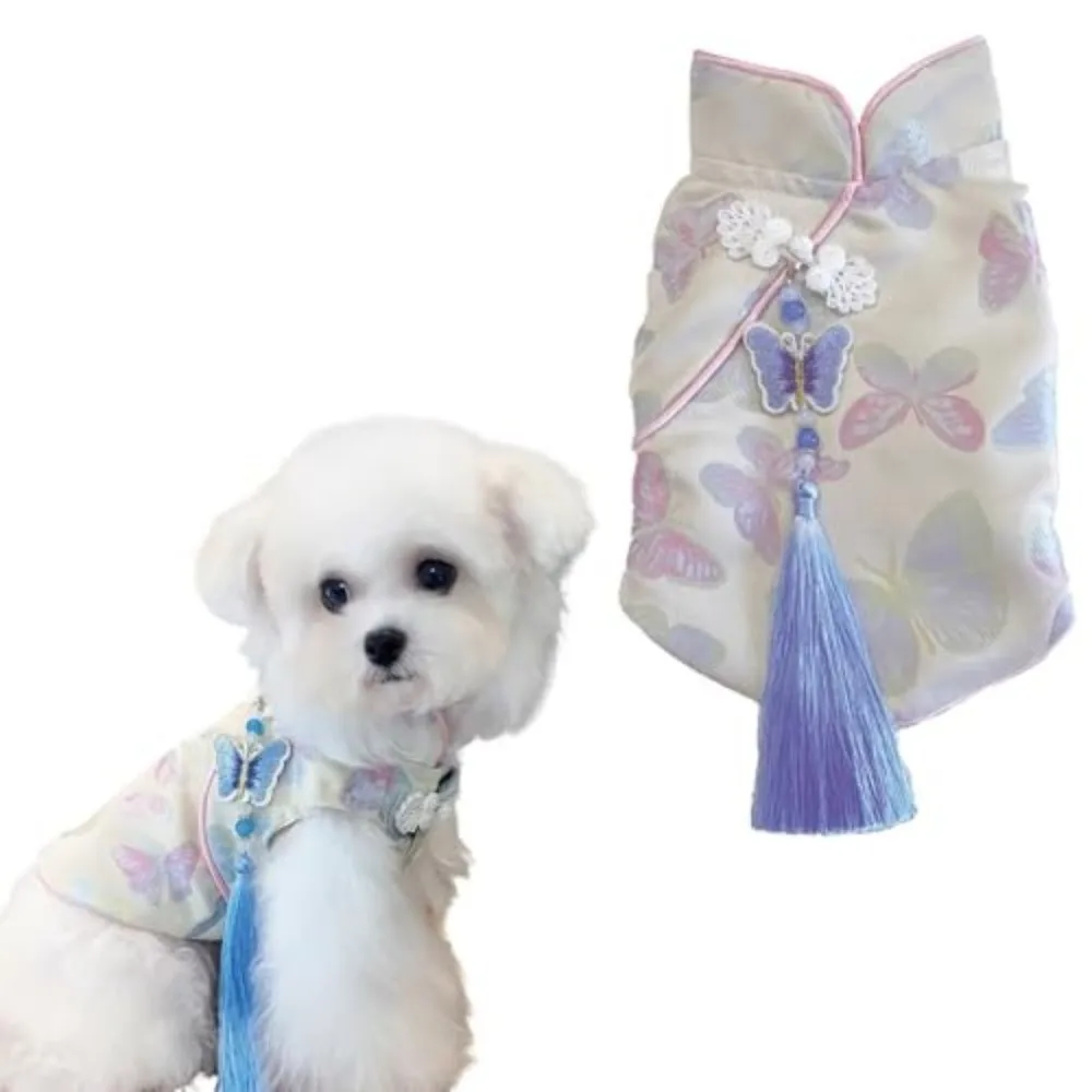 

Butterfly Printed Dog Dress with Tassel Knot Anti-Fur Shedding Pet Clothes Thickened Soft Chinese Cheongsam Puppy
