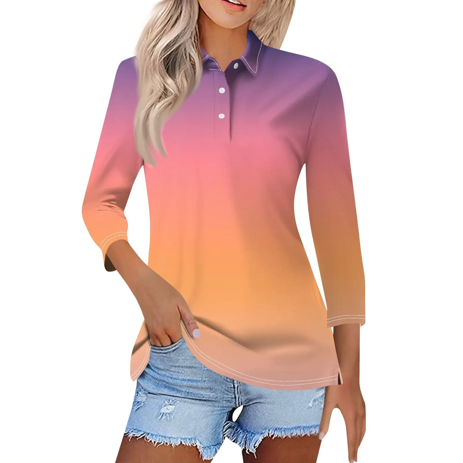 Women's Polo Shirt Gradient Fashion Casual Blouses Unique Button-down Seven-point Sleeve Lapel Blouse Women Autumn Shirts Top