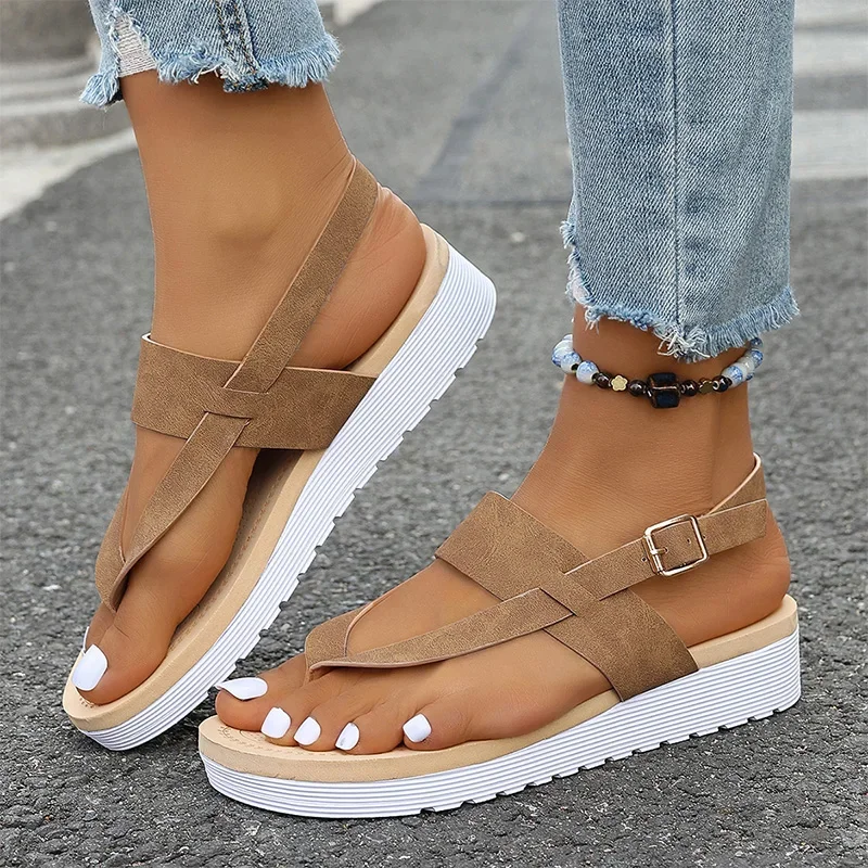 

Plus Size Ankle Strap Flat Sandals for Women 2025 Summer Thick Sole Clip Toe Beach Sandals Casual Comfort Light Platform Shoes
