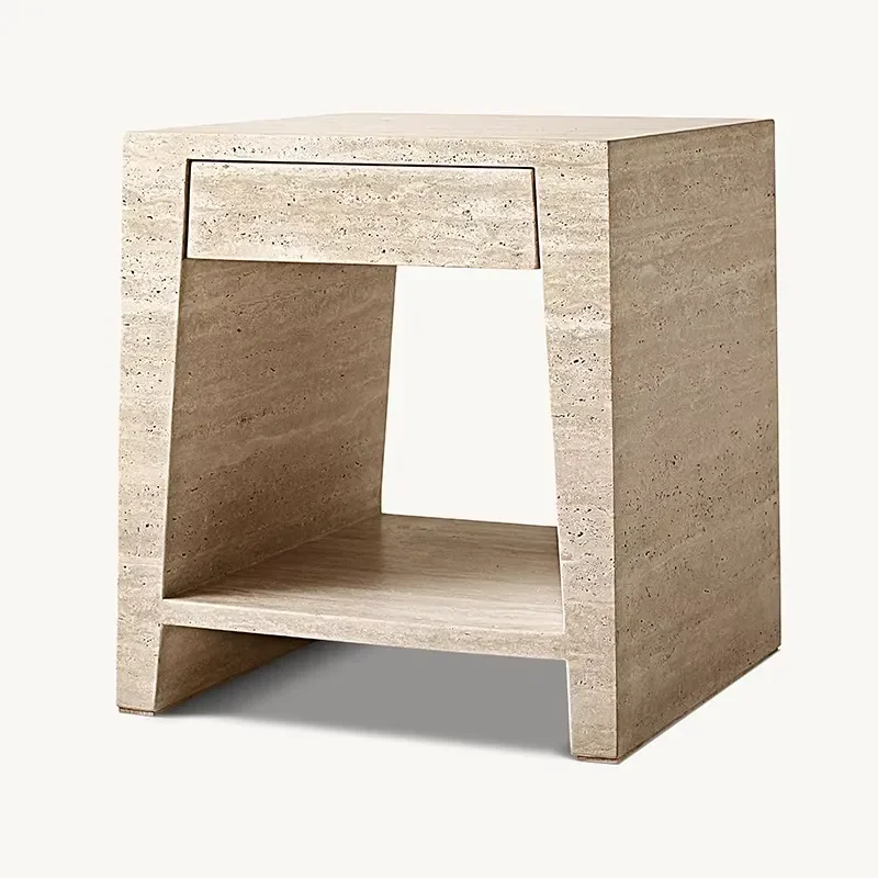 Travertine Marble Side Table With Hidden Drawer And Open Storage Shelf Solid Stone Frame Wabi Sabi End Table For Bedroom Use