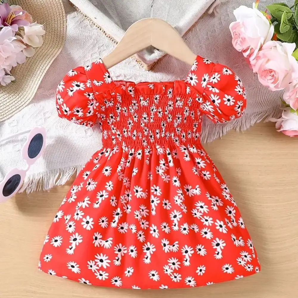 

Elegant Square Collar Baby Girls Princess Dress Puff Sleeve Party Summer Flower Dress Beach Vacation Sweet Toddle Dress Holiday