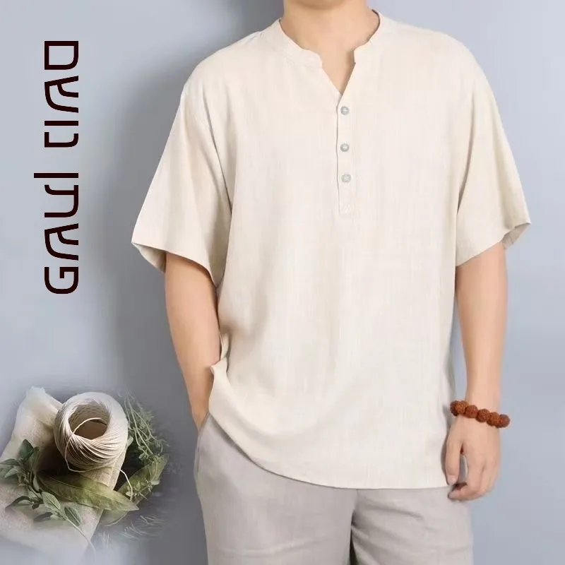 New Men's Linen T-Shirt Loose Fit V-Neck Cotton Linen Shirt plus Size Casual Breathable Short Sleeve Pure Color Shirt