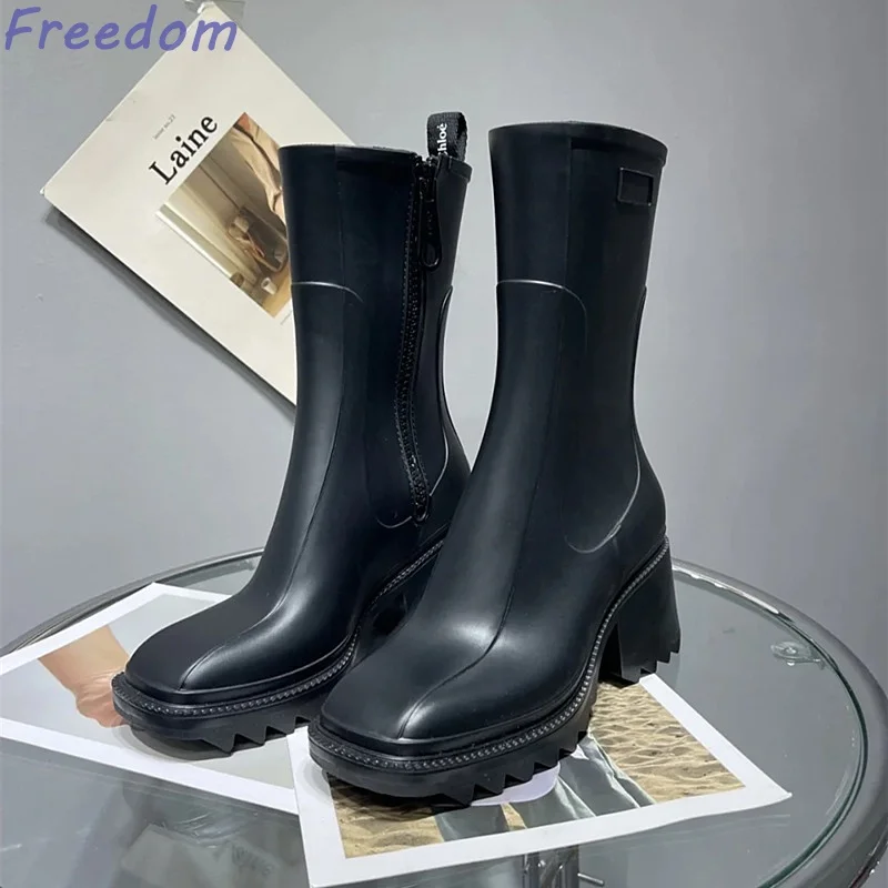 Women\'s Fashion Two-Wear Jelly High Heels Thick Sole Side Zipper Mid-calf Boots Increased Black Anti-Slip Waterproof Rain Shoes