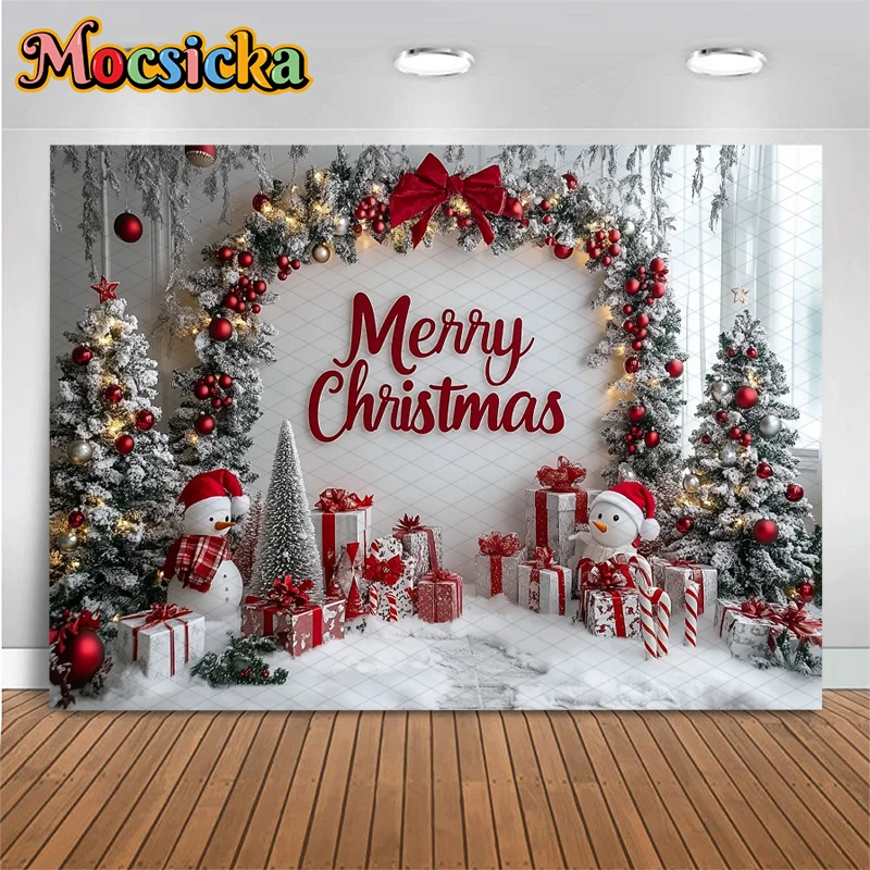 Mocsicka Merry Christmas การถ่ายภาพฉากหลัง Xmsa ต้นไม้สีขาว Snowman ของขวัญตกแต่งเด็กภาพพื้นหลังวอลล์เปเปอร์