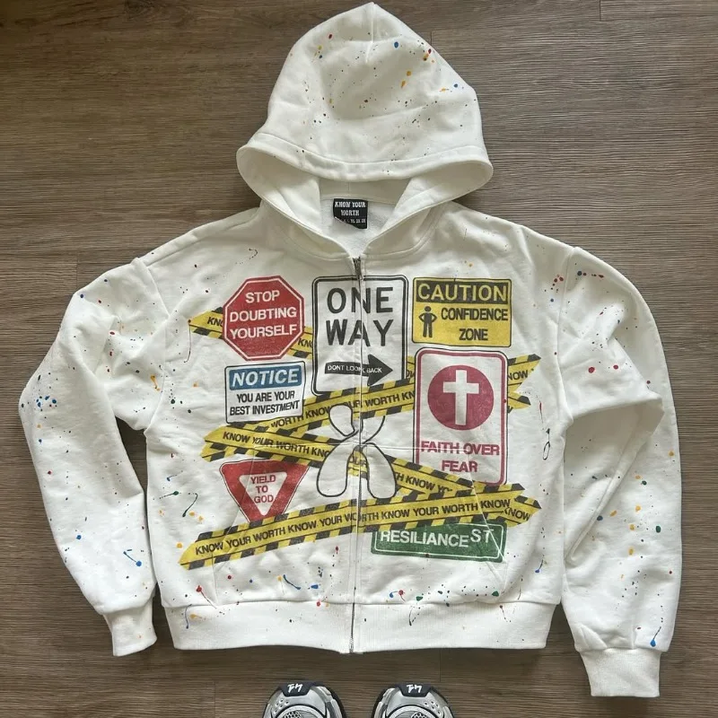 

High Street Casual Fashion Letter Printing Oversized Zipper Hoodie Men Y2k American Hip Hop Harajuku Rock Punk Sweatshirt Women