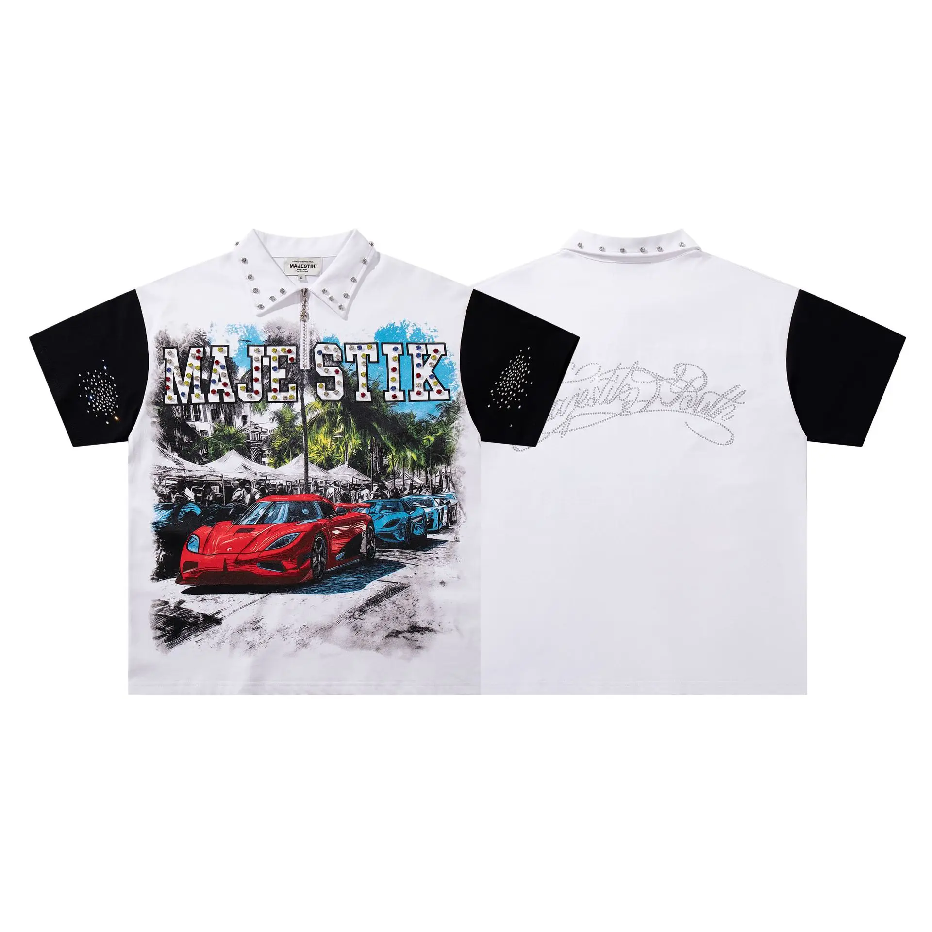 Majestic Retro Graffiti Rhinestone Tiger Print T-Shirt - Trendy Streetwear Loose Short-Sleeved Polo Shirt - Summer