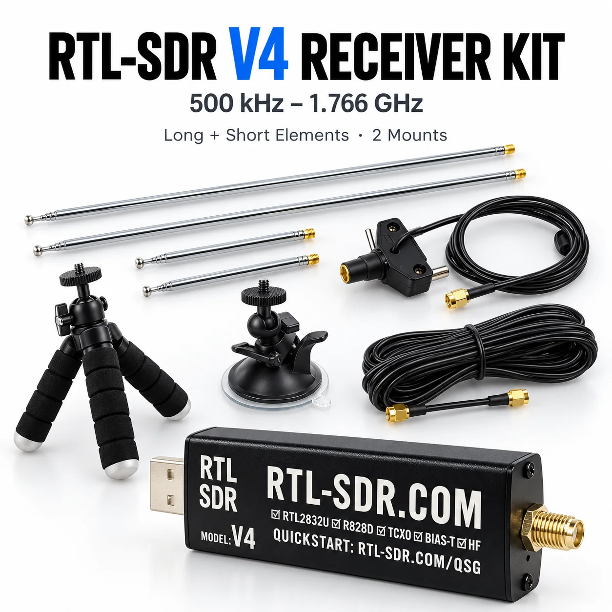 RTL-SDR V4 Software Defined Radio Receiver Kit 500kHz-1.766GHz RTL2832U R828D 1PPM TCXO SMA USB with Dual Antenna